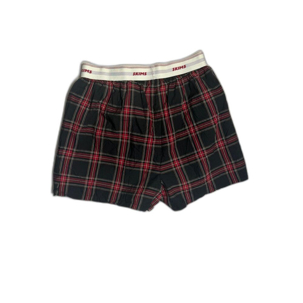 SKIMS Cotton Plaid Boxer Shorts Black Red Tartan Poplin Logo Waistband Size M - Picture 3 of 4